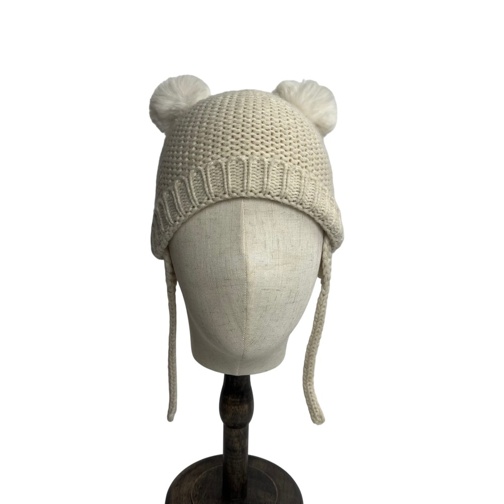 Zara Baby Bear Ear Knit Hat‎ Cream White Pom Pom Winter Toddler